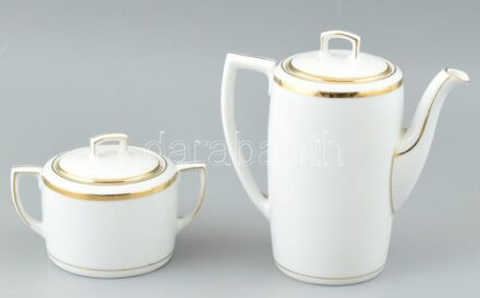 Altrohlau csehszlovák porcelán kávés kanna és cukortartó. Kézzel festett, jelzett, kis kopásnyomokkal, m: 16,5 cm és 9 cm