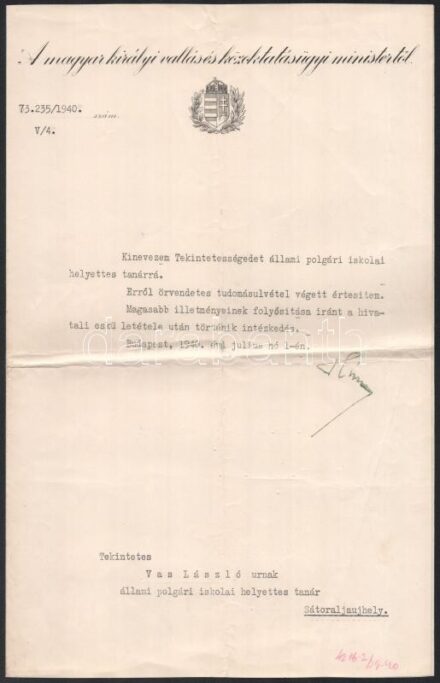 1940 Bp., Kinevezési okmány Hóman Bálint (1885-1951) aláírásával