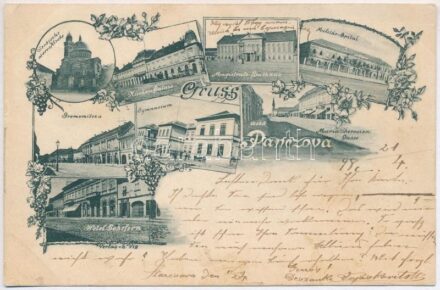 1898 (Vorläufer) Pancsova, Pancevo; Szerb templom, Schefern szálloda, gimnázium, Hungária szálló, Városház, Katonai kórház, Mária Terézia és Gromon utca / Serbian church, hotels, school, town hall, military hospital, street. E. Vig Art