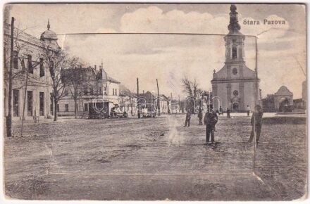 1917 Ópazova, Alt Pazua, Stara Pazova; Fő tér, templom, takarékpénztár, piaci bódé. leporellolap / main square, church, savings bank, market stands. leporellocard (szakadás / tears)