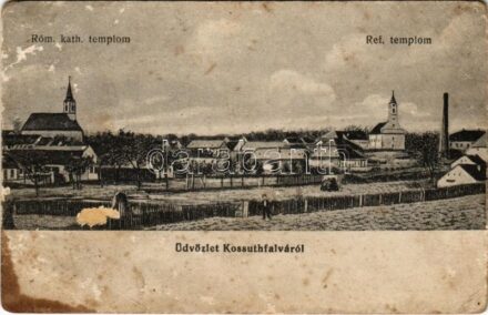 1917 Bácskossuthfalva, Kossuthfalva, Moravica, Ómoravica, Stara Moravica; Római katolikus és református templom. Harcsa Mihály kiadása / churches (felszíni sérülés / surface damage)