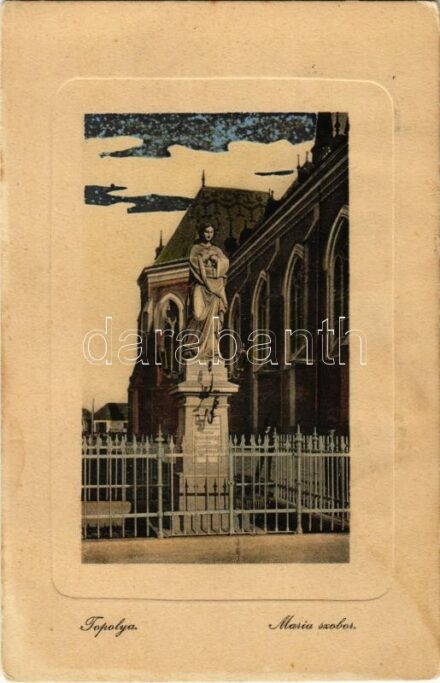 Topolya, Bácstopolya, Backa Topola; Mária szobor a templom mellett. W.L. Bp. 4185. Riesz Béla kiadása / statue with church