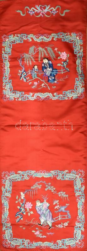 Kínai selyem fali terítő figurális-florális motívumokkal, selyem fonállal hímzett, 1940-50 körül, hátoldalán apró foltokkal, 150x50 cm / Chinese embroidered silk picture, with a few small spots on the reverse, 150x50 cm