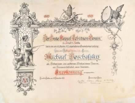 1905 Bruck an der Leitha, Erste Kapselschützenverein által kiállított elismerő oklevél, restaurált
