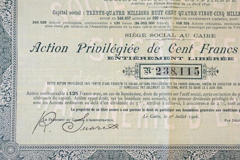 Egyiptom 1906. 'Egyiptomi Cukorfinomító Vállalat' részvénye 100Fr-ról francia nyelven, szelvényekkel T:III kis szakadás Egypt 1906. 'Egyptian Sugar-refinery Company' stock about 100 Francs in French with coupons C:F small tear - Image 2