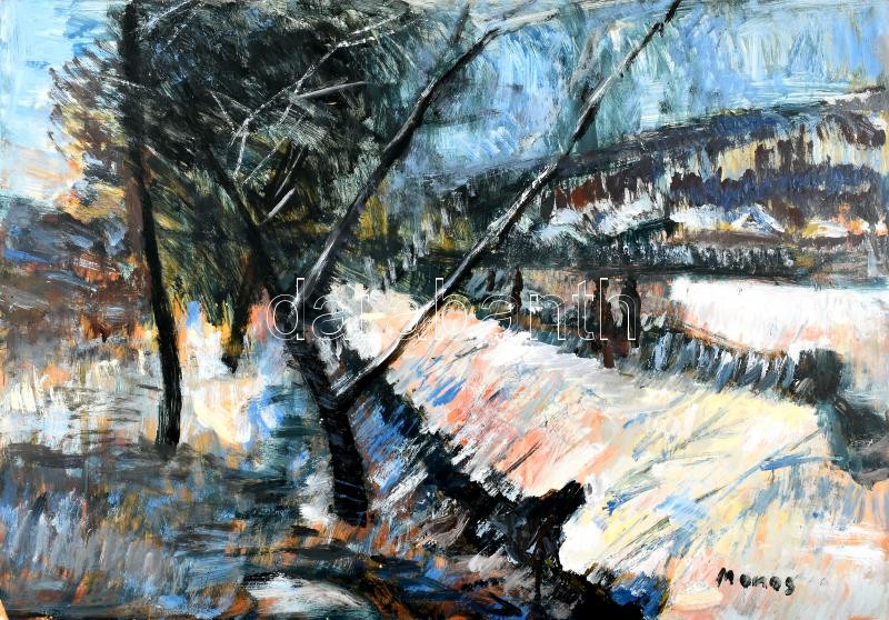 Monos József (1932-2013): Vác környéki táj. Olaj, farost, jelzett. Bal alsó sarkában kissé sérült. 50×70 cm