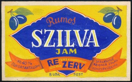 cca 1940 Rumos szilva jam, Reisner Konzerv Bp., reklám vagy címke terv. Tempera, papír, jelzés nélkül. Hátoldalán ragasztás nyomaival, máskülönben jó állapotban, 6,5×10,5 cm
