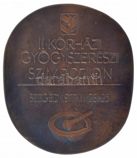 1977. 'II. Kórházi Gyógyszerész Szimpozion - Szeged 1977. III. 23-25.' egyoldalas, öntött bronz plakett (181x152mm) T:1-,2