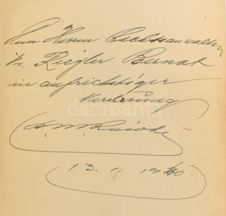 P[eter] M[athias] Rowde (1877-1955): Ungarn gestern, Heute, Morgen. A szerző, Peter Mathias Bretanus Olsen Rowde (1876-1955) norvég gumimágnás, norvégiai m. kir. főkonzul (1928-1947) által feltehetőleg Dr. Riegler Bernát zsidó
