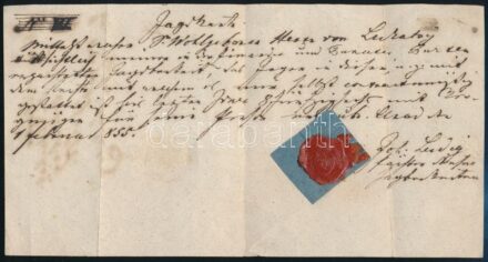 1855 Vadászjegy kézzel írva. Lukátsy úr részére. Viaszpecséttel 19x10 cm
