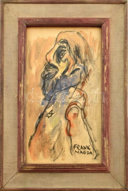 Frank Magda (1914-1997): Csillagos zsidó. Akvarell, kréta, papír. Jelzett. Üvegezett keretben. 31,5x18,5 cm / Magda Frank (1914-1997): Jewish person with yellow badge. Watercolour and chalk on paper. Signed. Framed. 31,5x18,5 cm