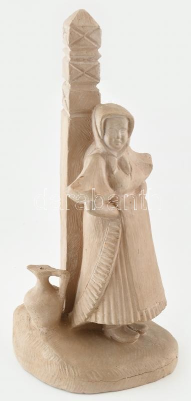 Balogh László (?-?): Kopjafás asszony. Terrakotta, jelzett, tűzrepedésekkel, apró csorbával, m: 40 cm