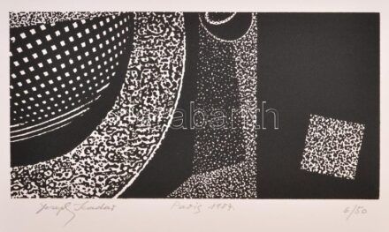 Joseph Kádár (1936-2019): Dualista kompozíció, 1987. Cinkkarc, papír, jelzett, számozott (6/50). Hátoldalon a művész pecsétjével és autográf feliratával. 13,5x27 cm