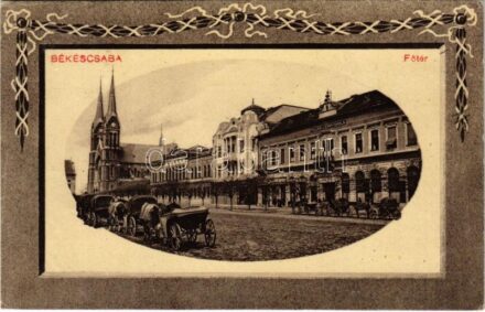 1911 Békéscsaba, Fő tér, Polgári leány iskola, lovaskocsik