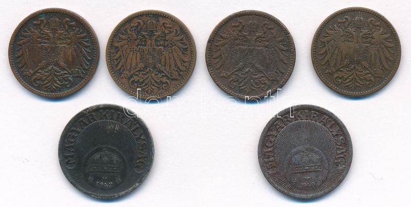 Ausztria 1912-1914. 2h Br (4db) + Magyarország 1940-1942. 10f Fe (2db) T:2-3 Austria 1912-1914. 2 Heller Br (4pcs) + Hungary 1940-1942. 10 Fillér Fe (2pcs) C:XF-F - Image 2