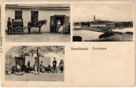 Szenttamás, Bácsszenttamás, Srbobran; híd, falubeliek, Gerstheimer B. üzlete, lovaskocsi / villagers, bridge, shop, horse cart (EK)