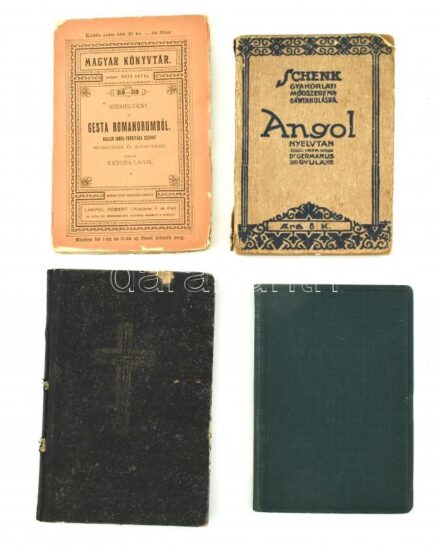4 db könyv - Szemelvény a Gesta Romanorumból, Szent Keresztútjárás, Cantus liturgici, Angol nyelvtan, kötetenként változó kötésben és állapotban.