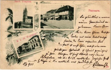 1900 Pancsova, Pancevo; Szerb ortodox templom, üzletek, M. kir. állami főgimnázium / Serbian Orthodox church, shops, grammar school. Art Nouveau, floral (fl)