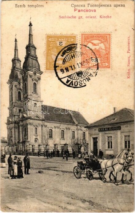 1909 Pancsova, Pancevo; Serbische gr. orient. Kirche / Szerb ortodox templom, M. kir. állami elemi iskola, montázs hintóval. Kohn Samu kiadása / Serbian Orthodox church, elementary school. Montage with horse-drawn carriage. TCV card (EK)