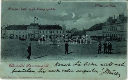 1900 Pancsova, Pancevo; A római katolikus egyházközség épülete, Weiss szálloda, piac, üzletek. Kohn Samu kiadása / hotel, market, shops (EM)