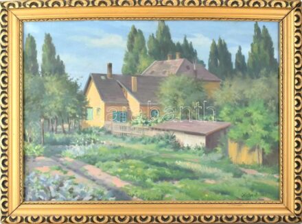Kutas A jelzéssel, működött a XX. sz. második felében: Napfényes kert. Olaj, vászon. Dekoratív fa keretben. 50x70 cm