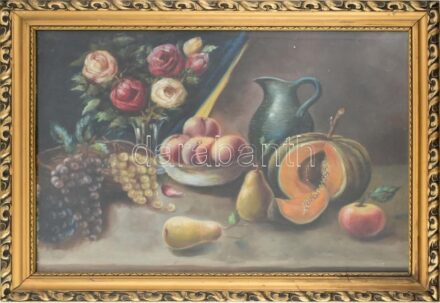 Jelzés nélkül: Csendélet. Olaj, karton. Dekoratív, üvegezett, kissé sérült fa keretben. 50x70 cm