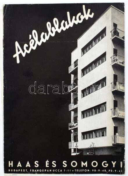 cca 1930 Haas és Somogyi Acélablakok prospektusa. Bp., én., Hungária Nyomda Rt., szakadt, a sarkain kis gyűrődésekkel, 4 sztl. lev. Haas és Somogyi Vasszerkezeti Gyár Rt. (Budapest, VI. Frangepán-utca 7-11.) prospektusa, benn
