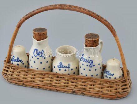 Kerámia asztali fűszeres, olajos készlet, mustáros. Jelzés nélkül, rattan tartóval 31 cm
