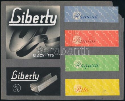 Liberty írószerek, reklámterv, 1940-50 körül. Tempera, kollázs, papír, kartonra kasírozva, karton jobb felső sarkában sérült, hiányos. Jelzés nélkül. 18x22 cm.