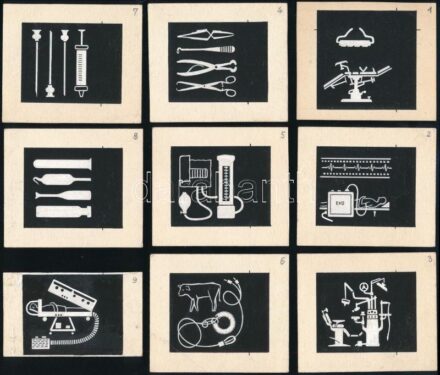 9 db kis méretű orvosi eszközöket és berendezéseket ábrázoló reklám terve, 1958. Tempera, papír. Egyik hátoldalán Magyar Hirdető Grafikai lektorátus és dátum bélyegzőkkel. 6x7 cm és hasonló méretben.