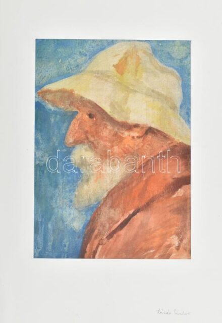 Lázár Sándor (1916-1994): Kalapos portré. Akvarell, papír, jelzés nélkül, lap alján feliratozott. 28,5x20,5 cm. Soós Imre (1921-2013), műgyűjtő, művészeti író, a Kisgrafika folyóirat szerkesztője, a Magyar Nemzeti Galéria