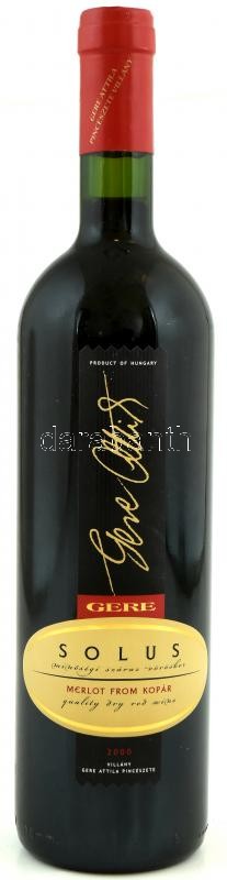2000 Gere Villányi Solus Merlot (Merlot from Kopár), első évjárat, számozott palack: N. 3612., szakszerűen tárolt, bontatlan palack, abv: 14%, 0,75l. Gere Attila kiváló merlotjának legendás első évjárata. Rendkívül izgalmas bor.