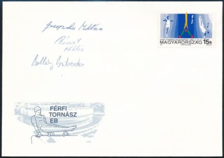 Csollány Szilveszter, Pánczél Miklós és Supola Zoltán tornászok aláírása az 1992 évi tornász EB alkalmi borítékján