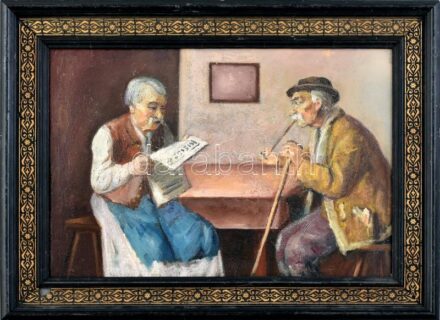 Jelzés nélkül: Pipázó és újságolvasó. Olaj, karton. Dekoratív, kissé sérült keretben, 25x36 cm