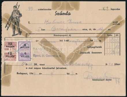 1947 Kéményseprő számla, ragasztott felülnyomott számlailleték bélyeggel