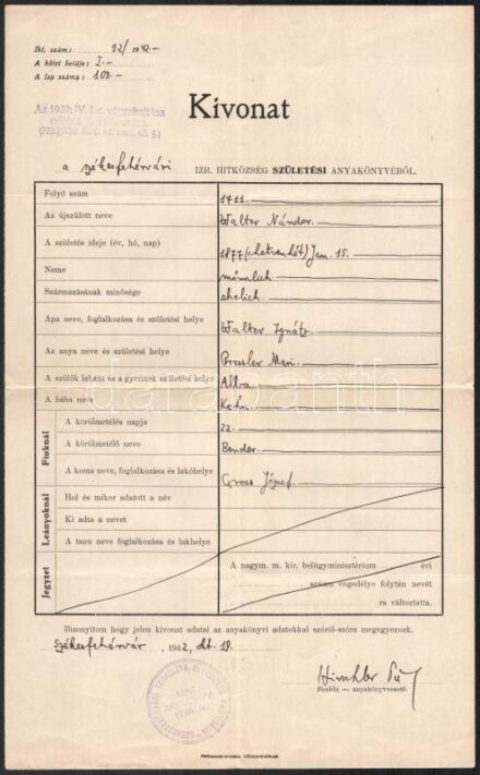 1942 Székesfehérvási anyakönyvi kivonat Hirschler rabbi aláírásával
