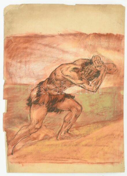 Muhits Sándor (1882-1956): Ősember. Pasztell, tus, papír, jelzés nélkül, sérült, 43,5×30 cm