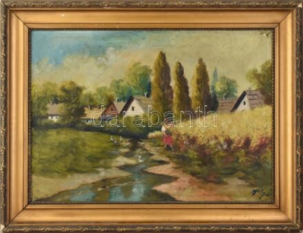Olvashatatlan jelzéssel: Libapásztorlány. Olaj, vászon, sérült. Dekoratív, sérült fa keretben. 50x70 cm