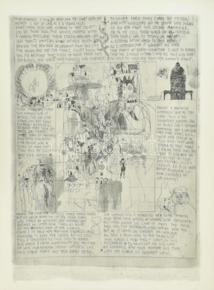 Würtz Ádám (1927-1994): Shakespeare illusztráció (Rómeó és Júlia XIV.), rézkarc-akvatinta, jelzés nélkül, jó állapotban, 40x30 cm