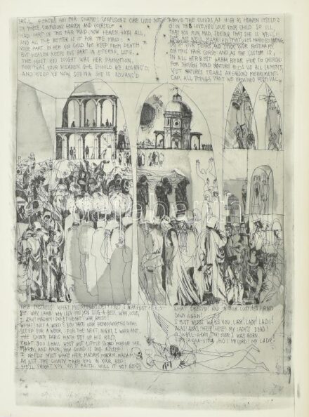 Würtz Ádám (1927-1994): Shakespeare illusztráció (Rómeó és Júlia XI.), rézkarc-akvatinta, jelzés nélkül, jó állapotban, 40x30 cm