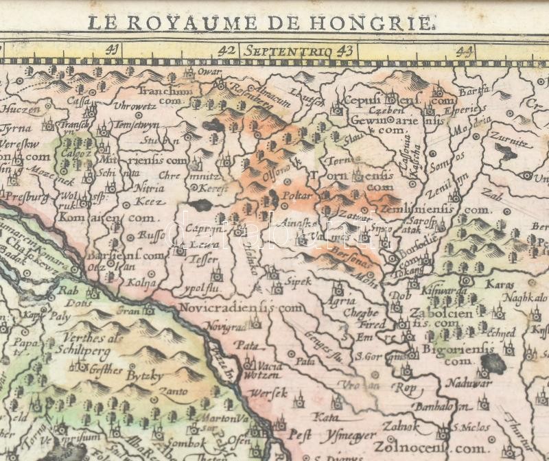 Petrus, Kaerius (Pieter van den Keere, 1571-1646 k.): Le royaume de Hongrie. Hungaria Militaria Hungarica communa. A magyar királyság térképe, 1630. Színezett rézmetszet, papír. Jelzett a metszeten (bal alsó sarkában). Amszterdam, 1630. - Image 2