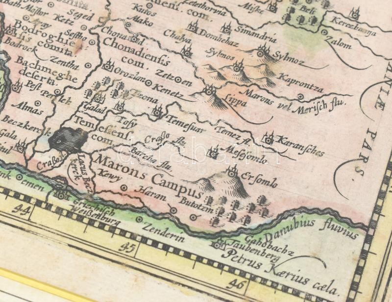 Petrus, Kaerius (Pieter van den Keere, 1571-1646 k.): Le royaume de Hongrie. Hungaria Militaria Hungarica communa. A magyar királyság térképe, 1630. Színezett rézmetszet, papír. Jelzett a metszeten (bal alsó sarkában). Amszterdam, 1630. - Image 3