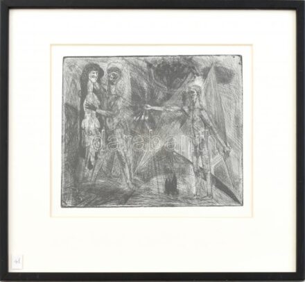 Kondor Béla (1931-1972): Kiűzetés. Rézkarc, papír. Jelzés nélkül. Oeuvre katalógus szám: 1956/88. 17x20 cm. Proveniencia: Kaufman Ágota, Kondor Béla első feleségének hagyatékából. Üvegezett fa keretben.