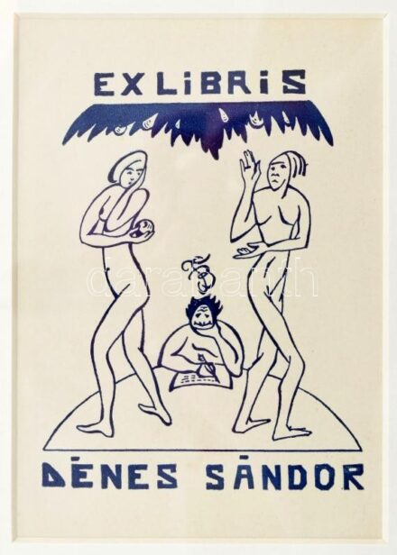 Boromisza Tibor (1880-1960): Ex libris Dénes Sándor (1910 körül). Klisényomat, papír, jelzett a nyomaton. 14x10 cm. Üvegezett fa keretben. Ritka!