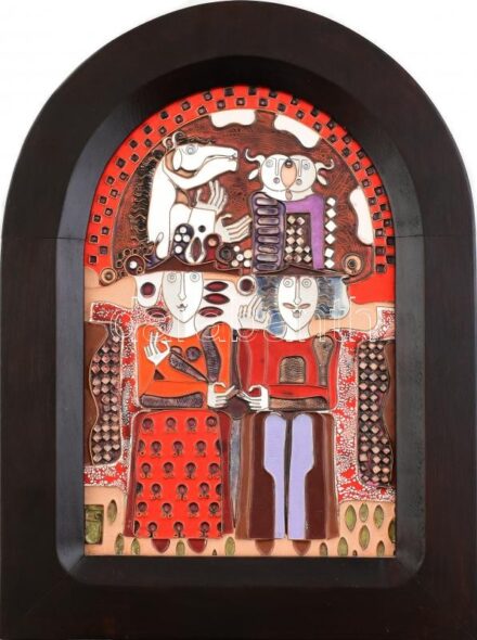 Fajka János (1935): 'Pár vörösben', tűzzománc, hibátlan állapotban, igényes keretben 39×26 cm. Jelzett. 1935-ben született Nagykőrösön. Mesterei id. Rácz József, Dudás Jenő, Schubert Ernő és Rákosi Zoltán. Az Iparművészeti