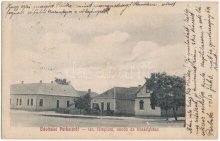 1913 Perbete, Pribeta; Izraelita templom (zsinagóga), óvoda és községháza. Feit Bernát kiadása / synagogue, kindergarten, town hall + 'WIEN - POZSONY - BUDAPEST 2 C' vasúti mozgóposta bélyegző (fl)