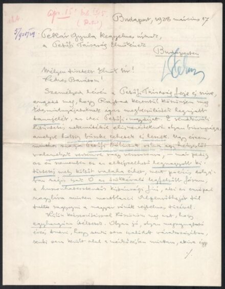 1928 Harsányi Kálmán (1876-1929) költő, író, drámaíró, színikritikus autográf levele Pekár Gyulának, a Petőfi társaság elnökének, melyben ékes szavakkal megköszöni a Petőfi nagydíjat. 2 beírt oldal.