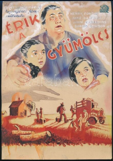 cca 1940 Érik a gyümölcs c. amerikai film, John Steinbeck regénye után, főszerepben Henry Fonda, plakátterve. Akvarell, ceruza, kollázs, papír. Malomvizi n. grafikus, jelzés nélkül, megvalósult plakát, 29x20,5 cm / cca 1940 Grapes of