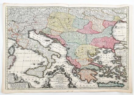 Magyarország, a Duna és a Balkán félsziget térképe. Theatrum belli sive novissima tabula qua maxima pars Danubii et praeserti Hungaria cum aliis adiacentibus regnis... / a Matthaeo Seutter..Augustae Vindelic. [Augsburg] [ca 1728.]. Színezett