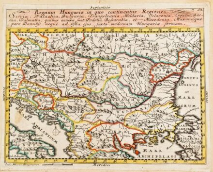 1738 Joan. van der Bruggen 1738: Regnum Hungariae, in quo continentur Regiones Servia, Walachia, Bulgaria, Transylvania, Moldavia, Sclavonia, Croatia, Bosnia, Dalmatia, quibus annexae sunt Podolia Bessarabia, et Macedonia, Maximáque pars Danub?